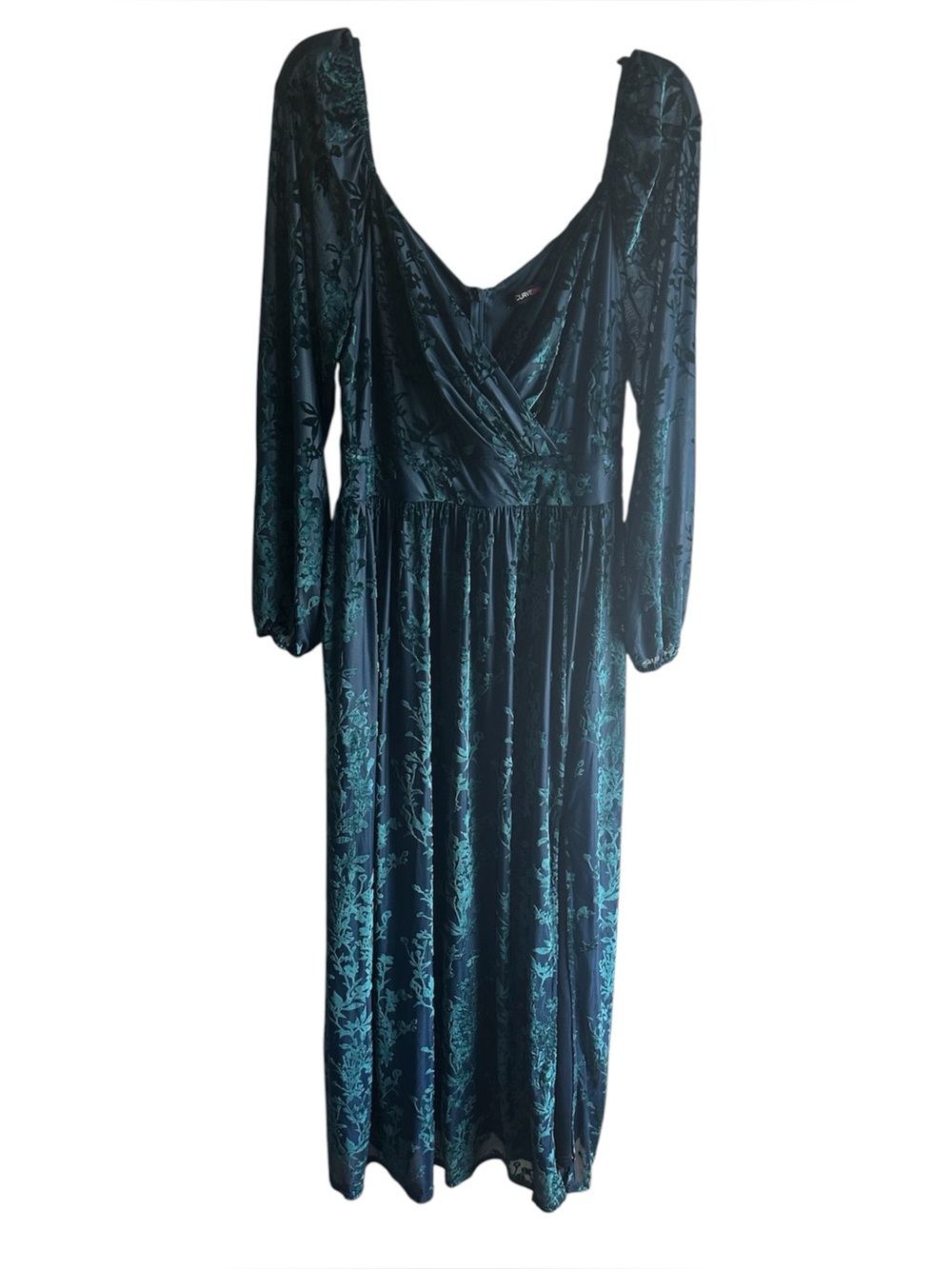 Curve Ins Emerald Green Burnout Velvet Floral Maxi Dress Long Sleeve Plus Size - Picture 4 of 13